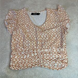 H&O Orange and White Floral Short Sleeve Blouse Size M